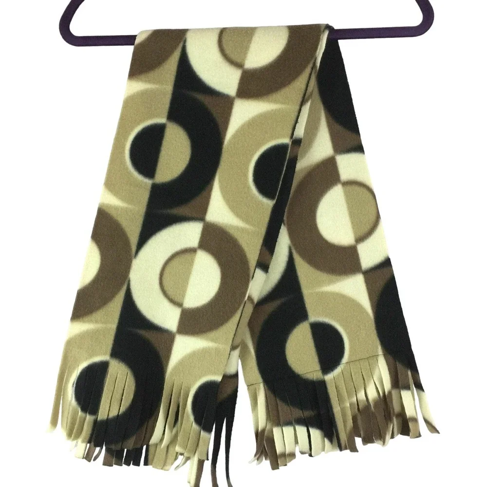 Circles Geometric Design Olive Black Fringed Fleece Winter Scarf